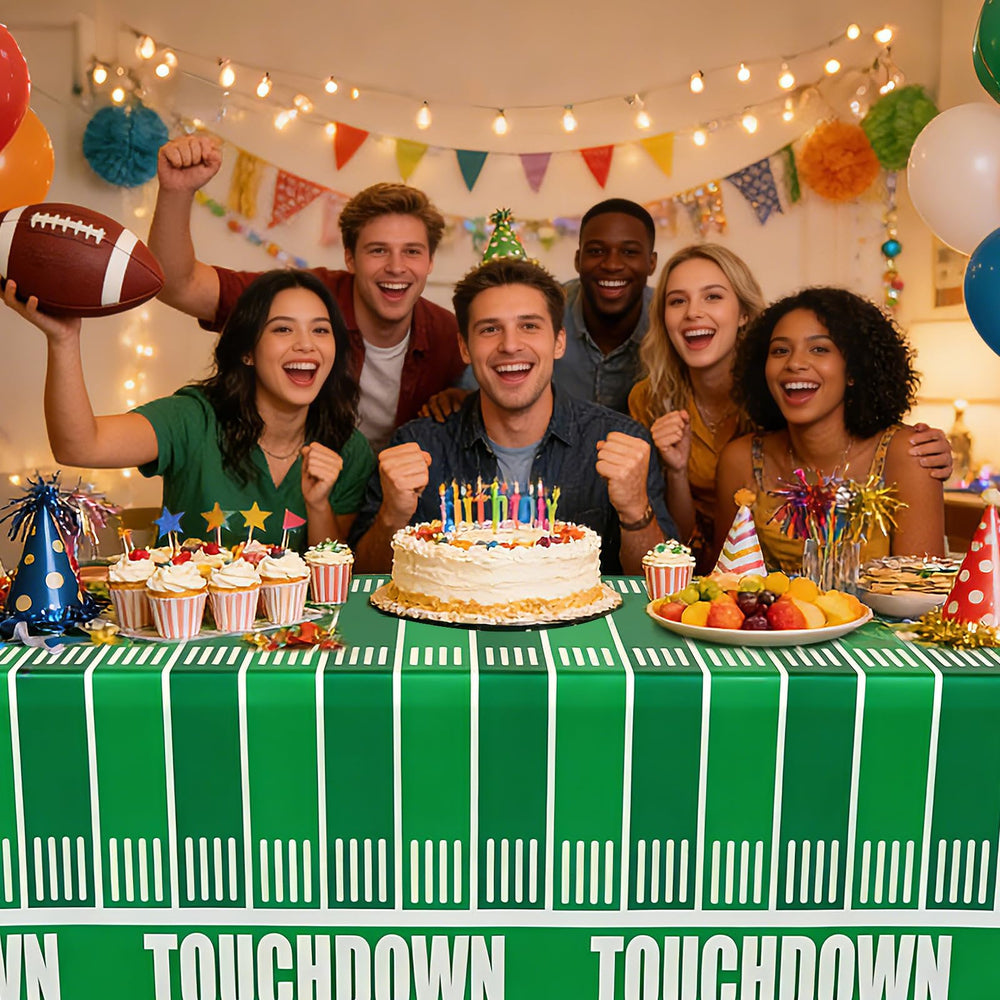 Accevo football tablecloth with waterproof finish resists spills during celebrations