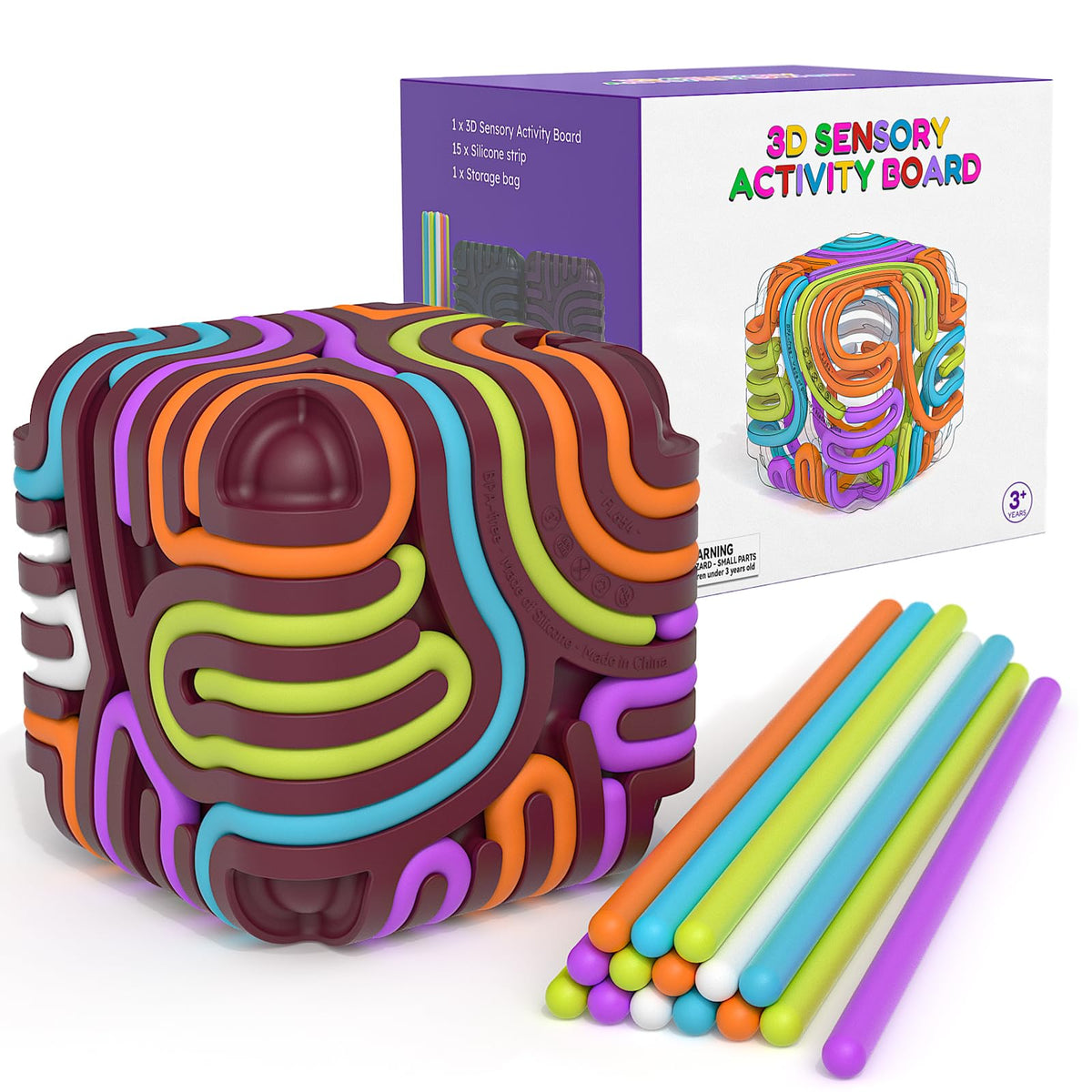 Accevo sensory cube with pressable silicone blocks for focused play.