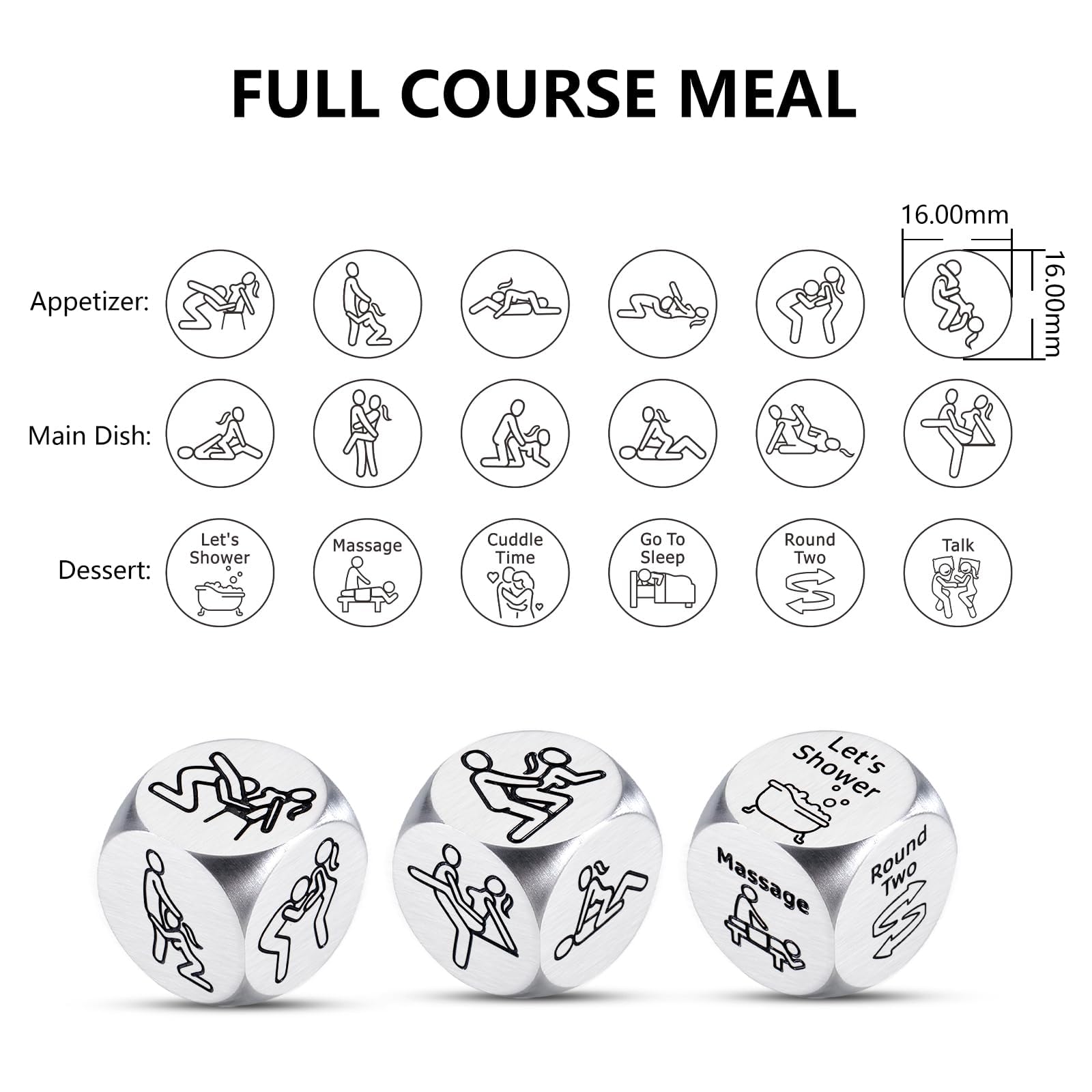 ACCOLIAMBER Sex Dice engravings closeup highlights six posture patterns for playful games
