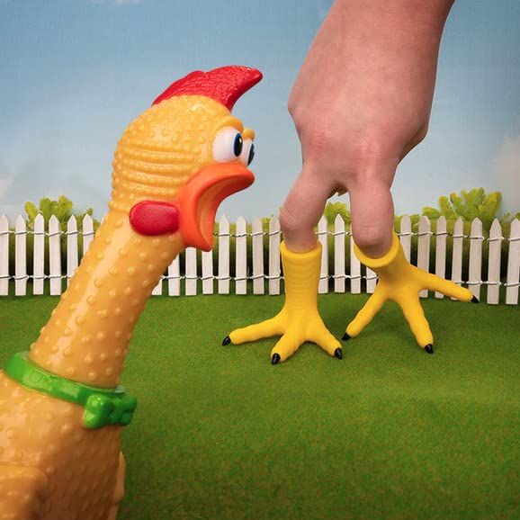 Archie McPhee chicken feet finger puppets in a whimsical dining-table scene for fun.