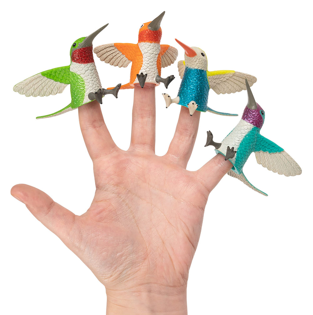 Accoutrements Archie McPhee finger hummingbirds perched on fingers for playful storytelling.