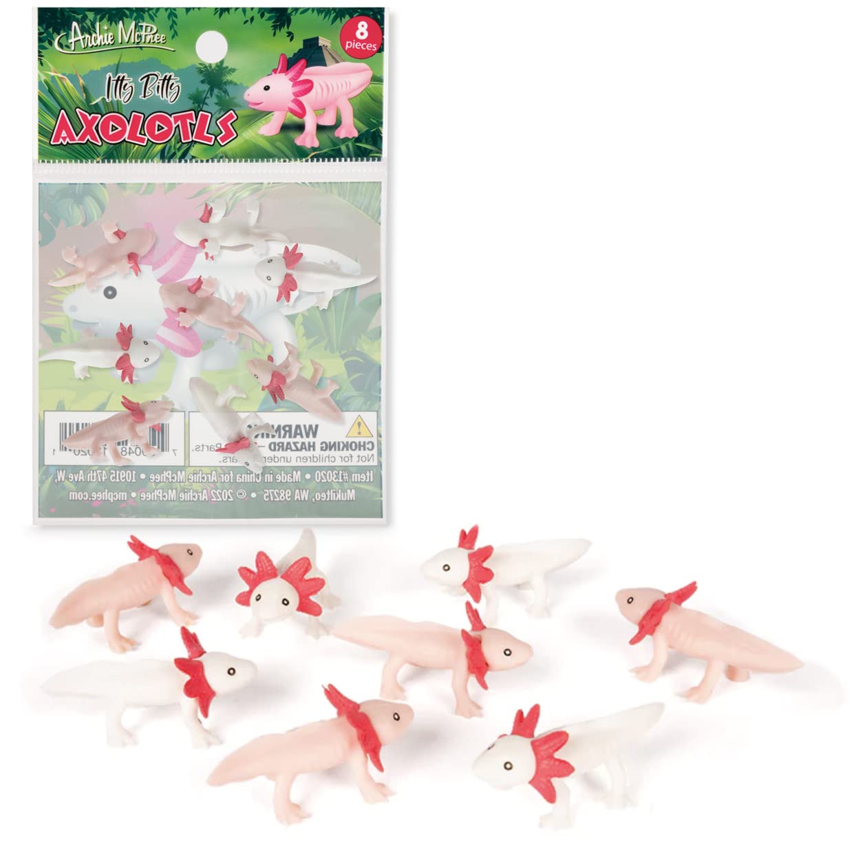Accoutrements Itty Bitty Axolotls eight-pack in illustrated bag, cheerful desk companions