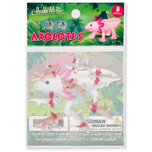 Archie McPhee Itty Bitty Axolotls soft vinyl close-up, tiny smiles