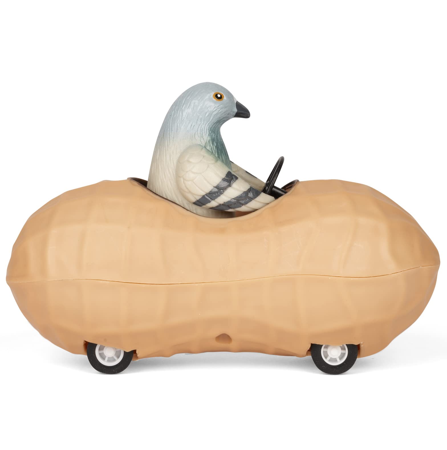Accoutrements Archie Mcphee pigeon peanut pull-back car in soft vinyl for playful desk decor and conversations.