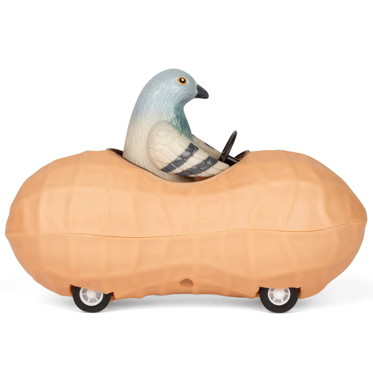 Accoutrements Archie Mcphee pigeon peanut pull-back car in soft vinyl for playful desk decor and conversations.