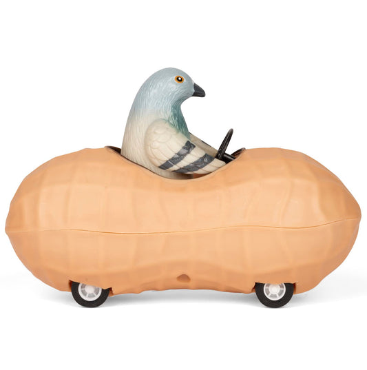 Accoutrements Archie Mcphee pigeon peanut pull-back car in soft vinyl for playful desk decor and conversations.