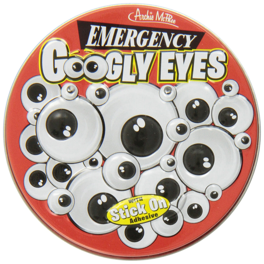 Archie McPhee Emergency Googly Eyes tin with 20 pairs for quick object personalization.