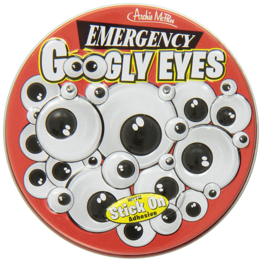 Archie McPhee Emergency Googly Eyes tin with 20 pairs for quick object personalization.