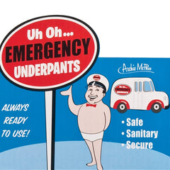 Accoutrements Emergency Underpants compact-tin packaging; fits in a bag for discreet, ready-to-use relief.
