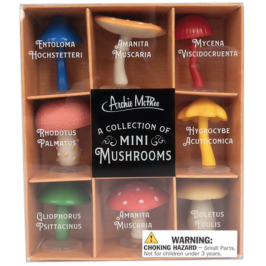 Accoutrements Mcphee mini mushroom on display stand for whimsical shelf display.