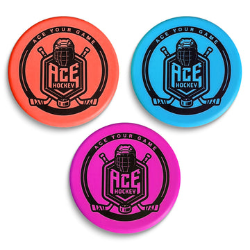 ACE HOCKEY foam pucks blue set, ideal for quiet indoor knee hockey play.