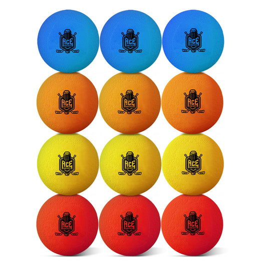 ACE HOCKEY mini hockey balls 12-pack soft foam for quiet indoor knee hockey practice.