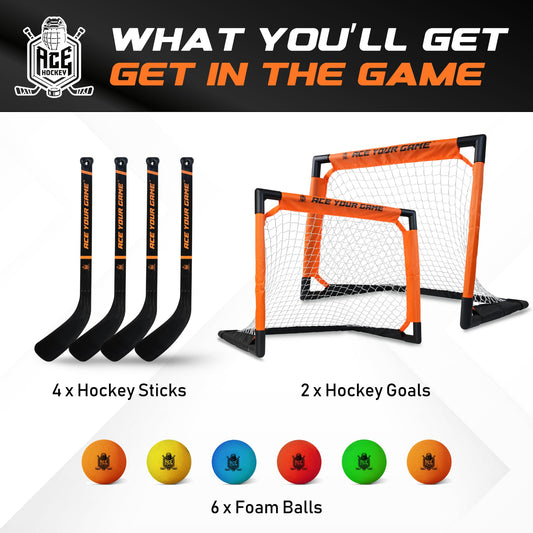 ACE HOCKEY four mini sticks for quick, skill-building knee hockey sessions