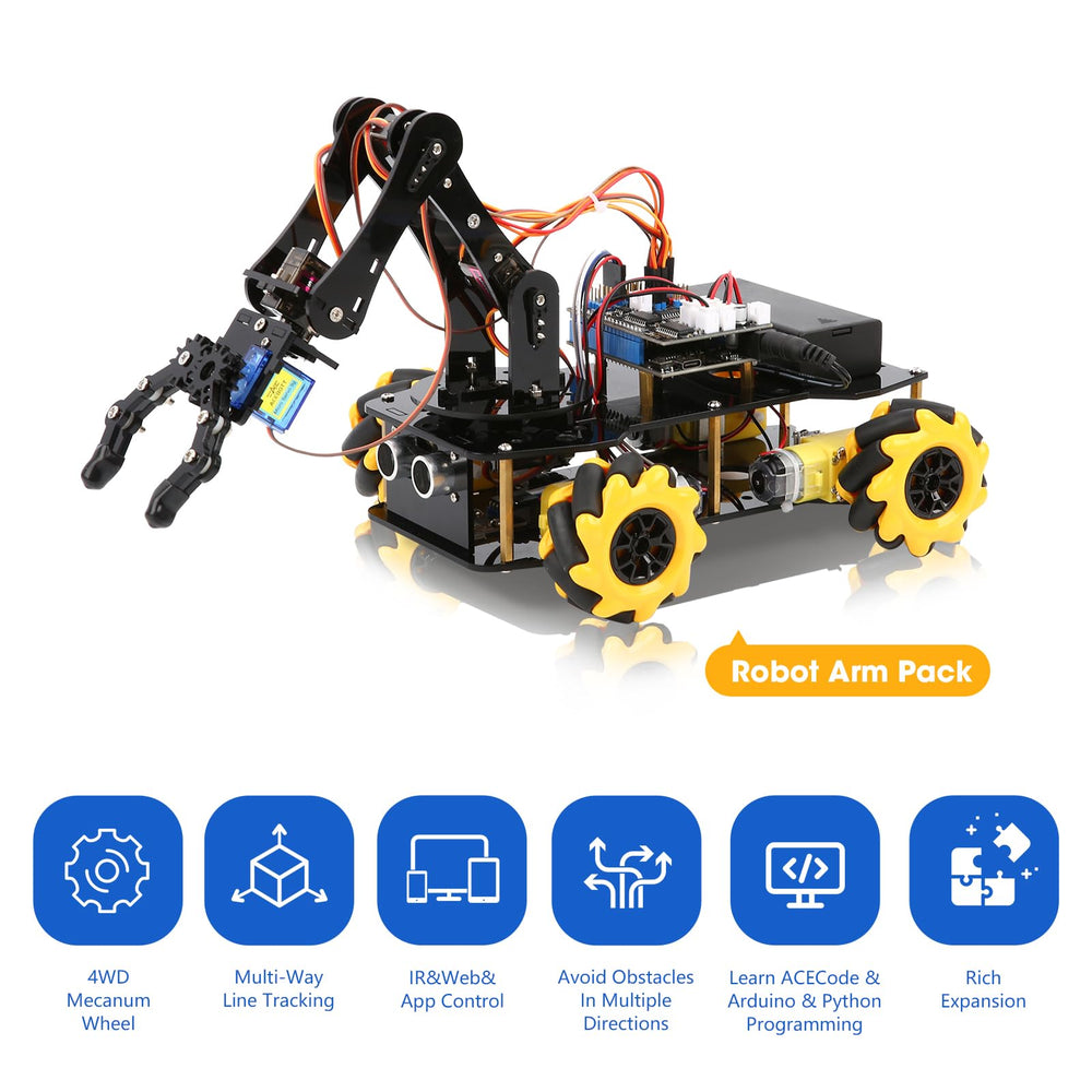 ACEBOTT robot car with omn wheels enables 360-degree navigation.