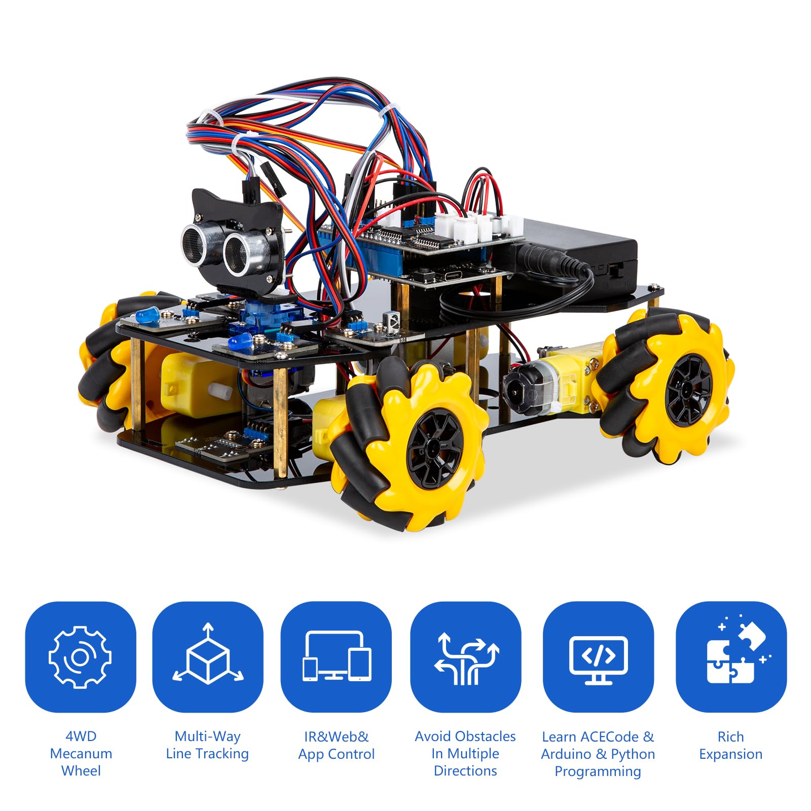ACEBOTT smart robot car kit top view highlights compact design for classrooms