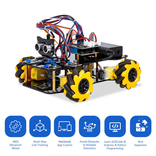 ACEBOTT smart robot car kit top view highlights compact design for classrooms