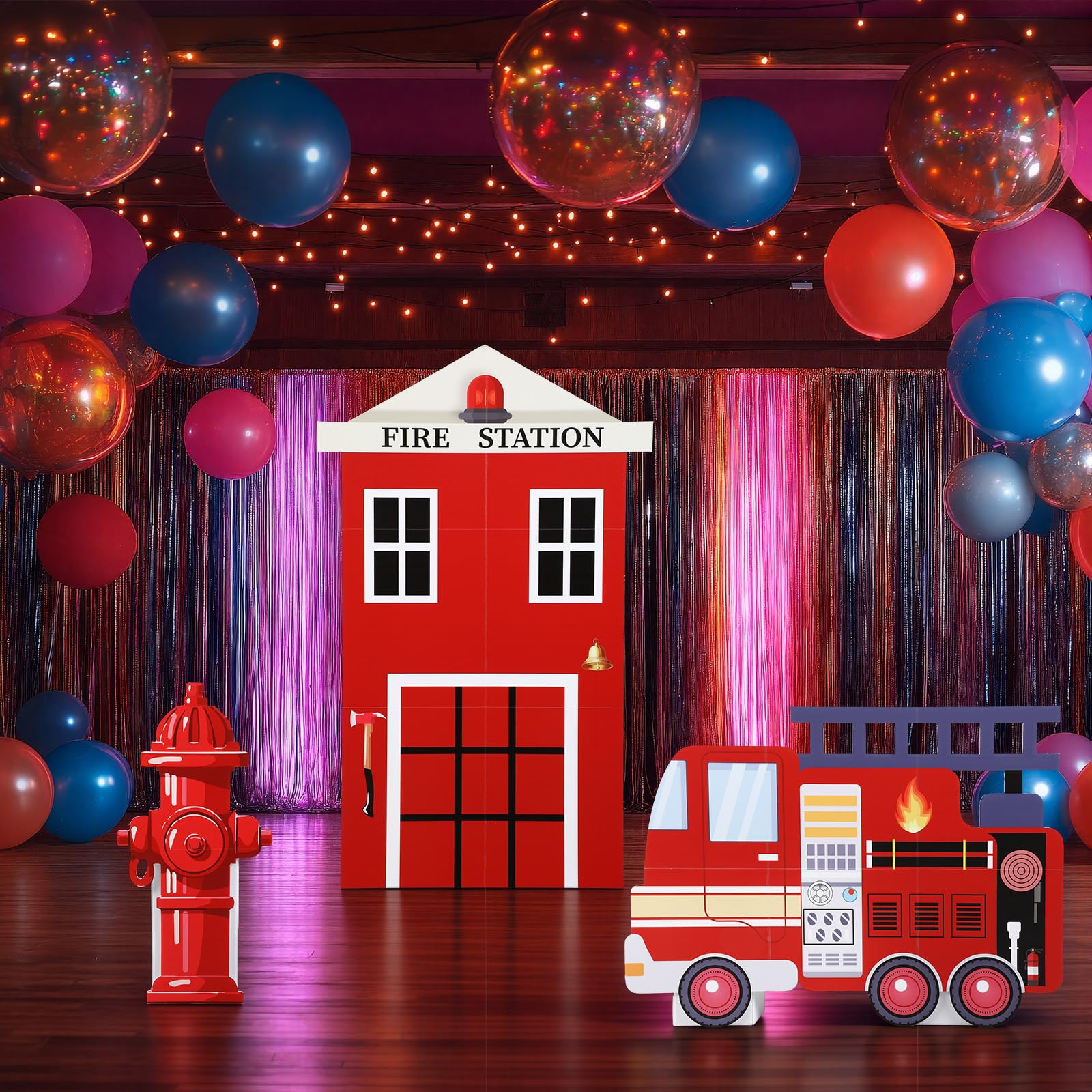 AceOrbit firestation backdrop display shows the complete firefighter set.