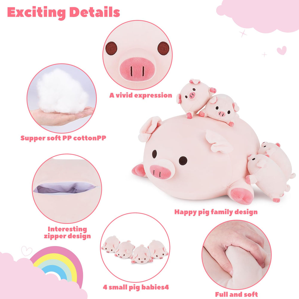 Achwishap pig mommy plush features a zipper to reveal babies.