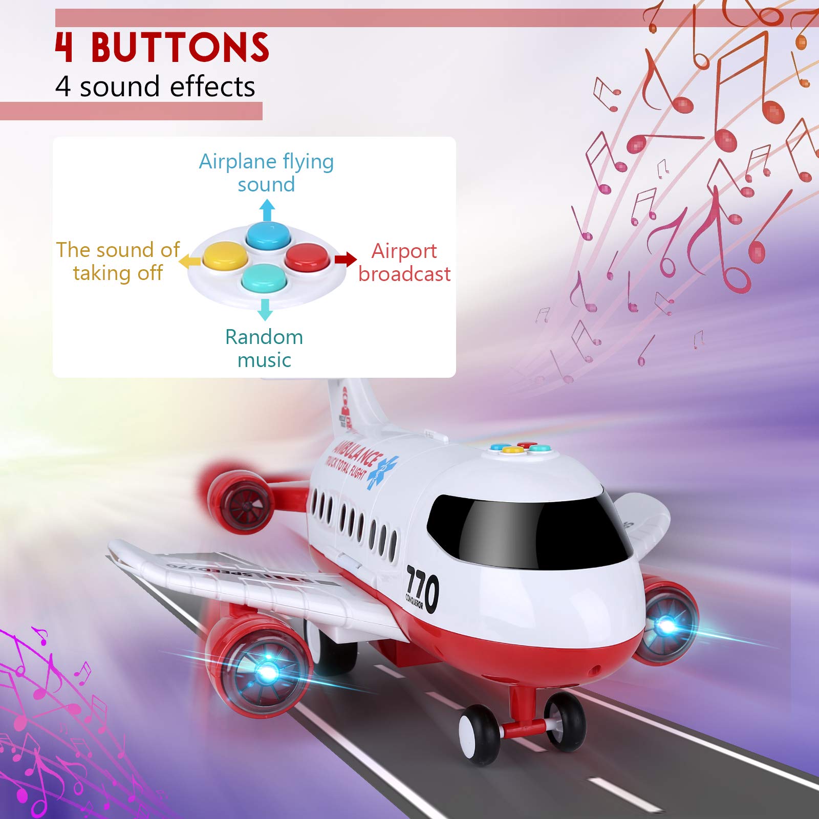 Acksonse aircraft head with lights and music for exciting night flights.