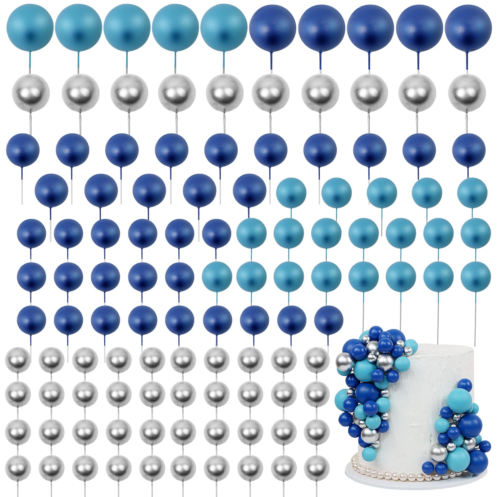 Acmee blue and silver ball cake toppers close-up; reusable festive decoration.