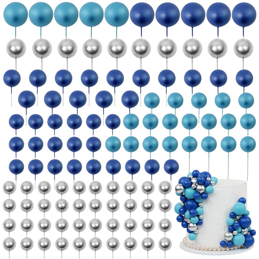Acmee blue and silver ball cake toppers close-up; reusable festive decoration.
