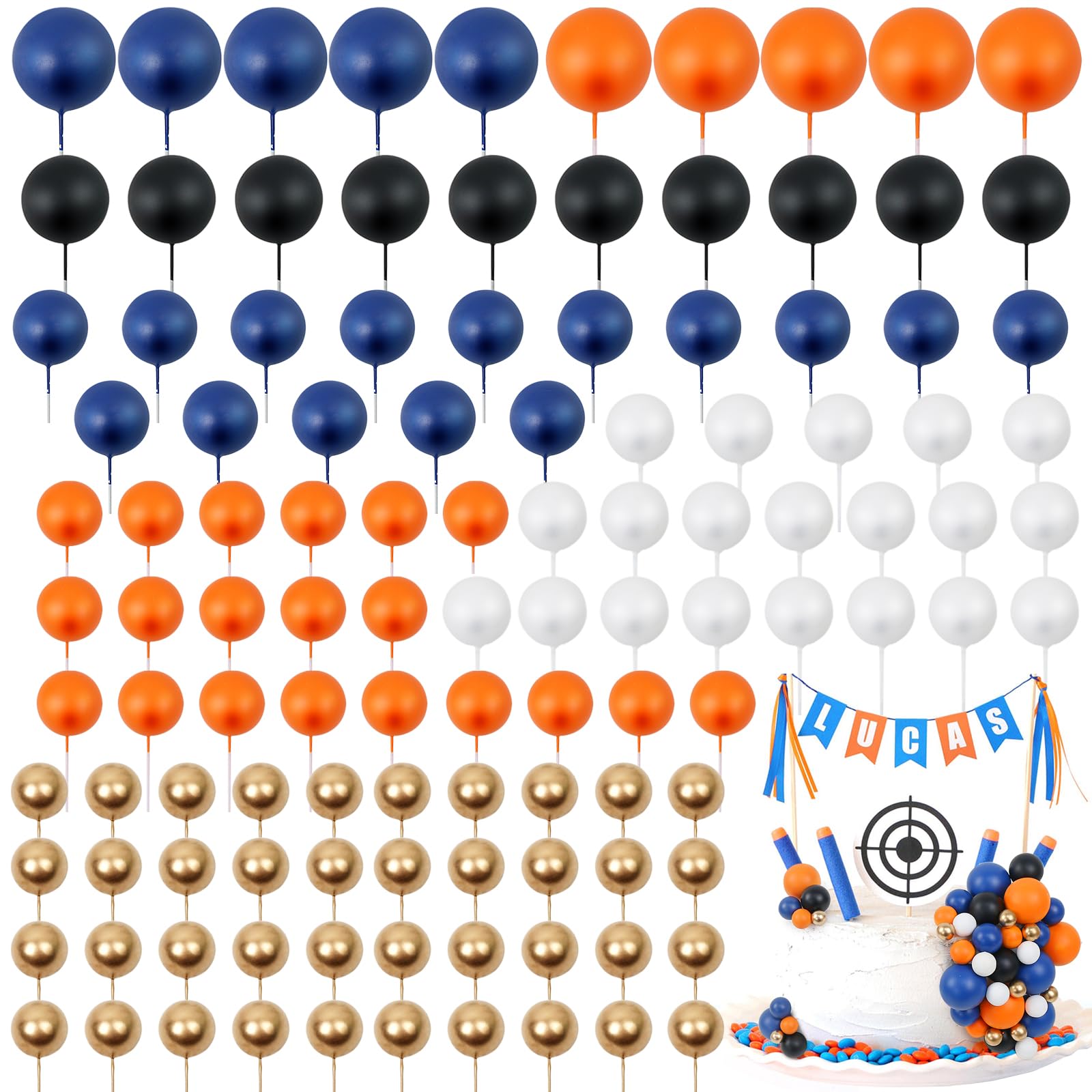 Acmee ball cake toppers in navy, orange, white, and gold elevate celebration cakes