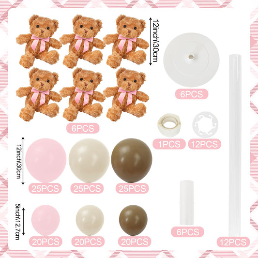 Acmee balloon centerpiece with blue, pink, brown balloons enhances festive decor.