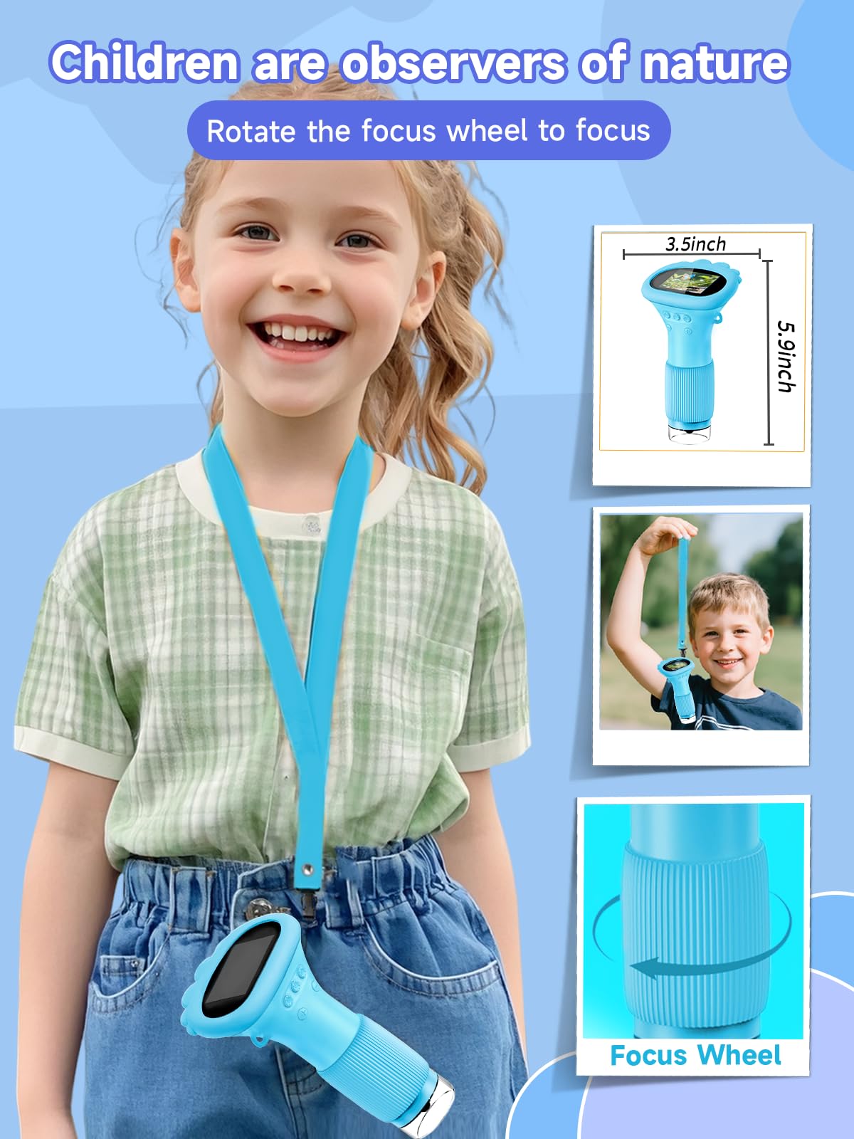 Acoath handheld microscope includes a 50 cm lanyard for portability.