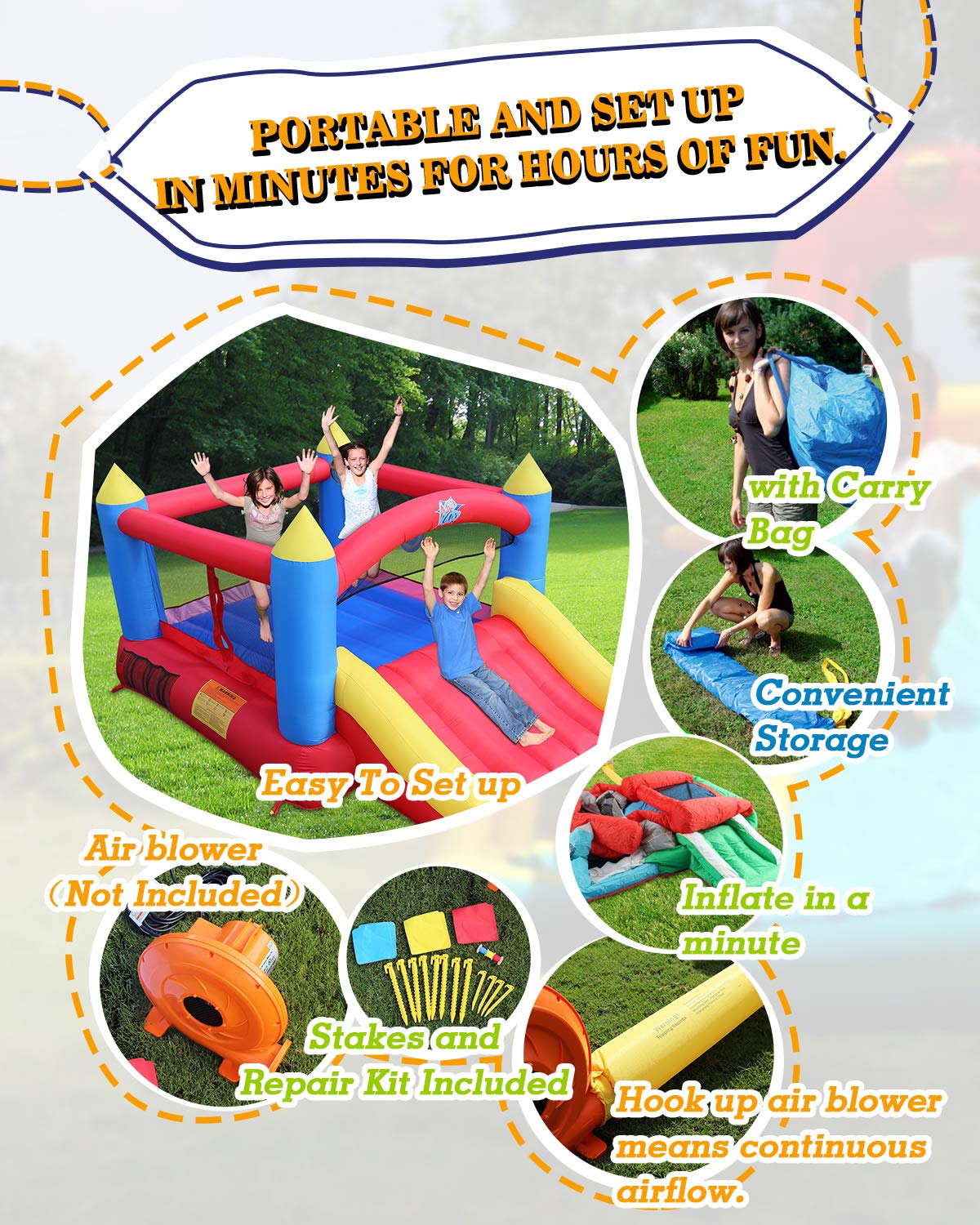 Action Air Bounce House portable bag and stakes simplify transport and storage