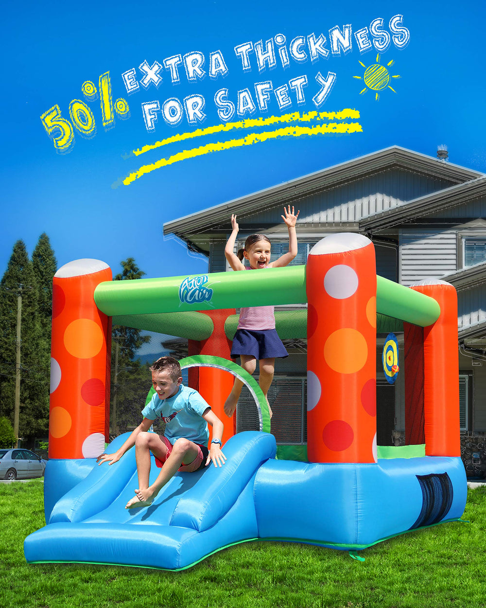 Action Air Bounce House side view highlights safe mesh and ample play space.