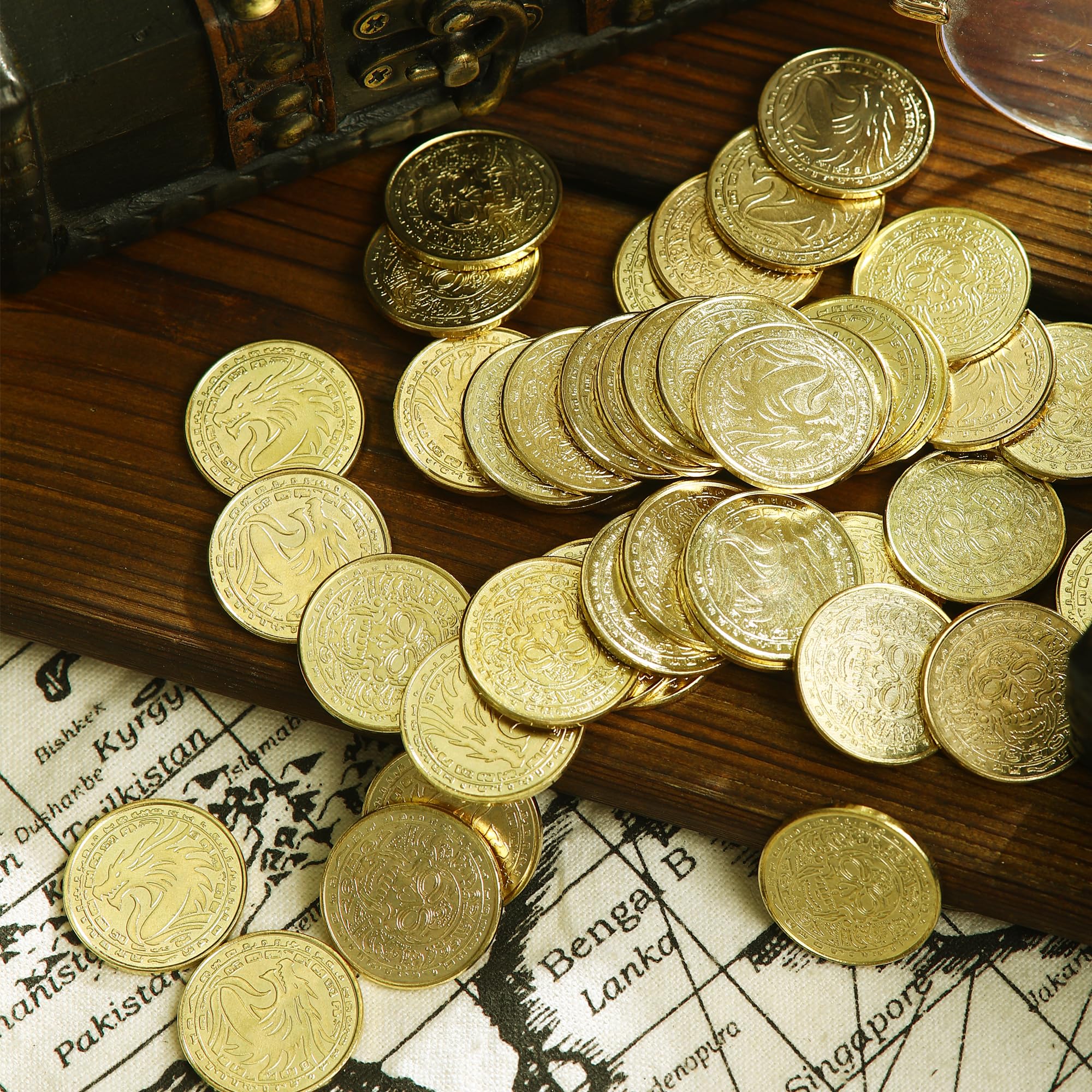 ACTIONDRAKE pirate coins in handmade vintage wooden box for retro storage.