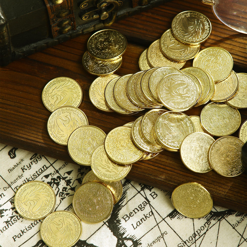ACTIONDRAKE pirate coins in handmade vintage wooden box for retro storage.