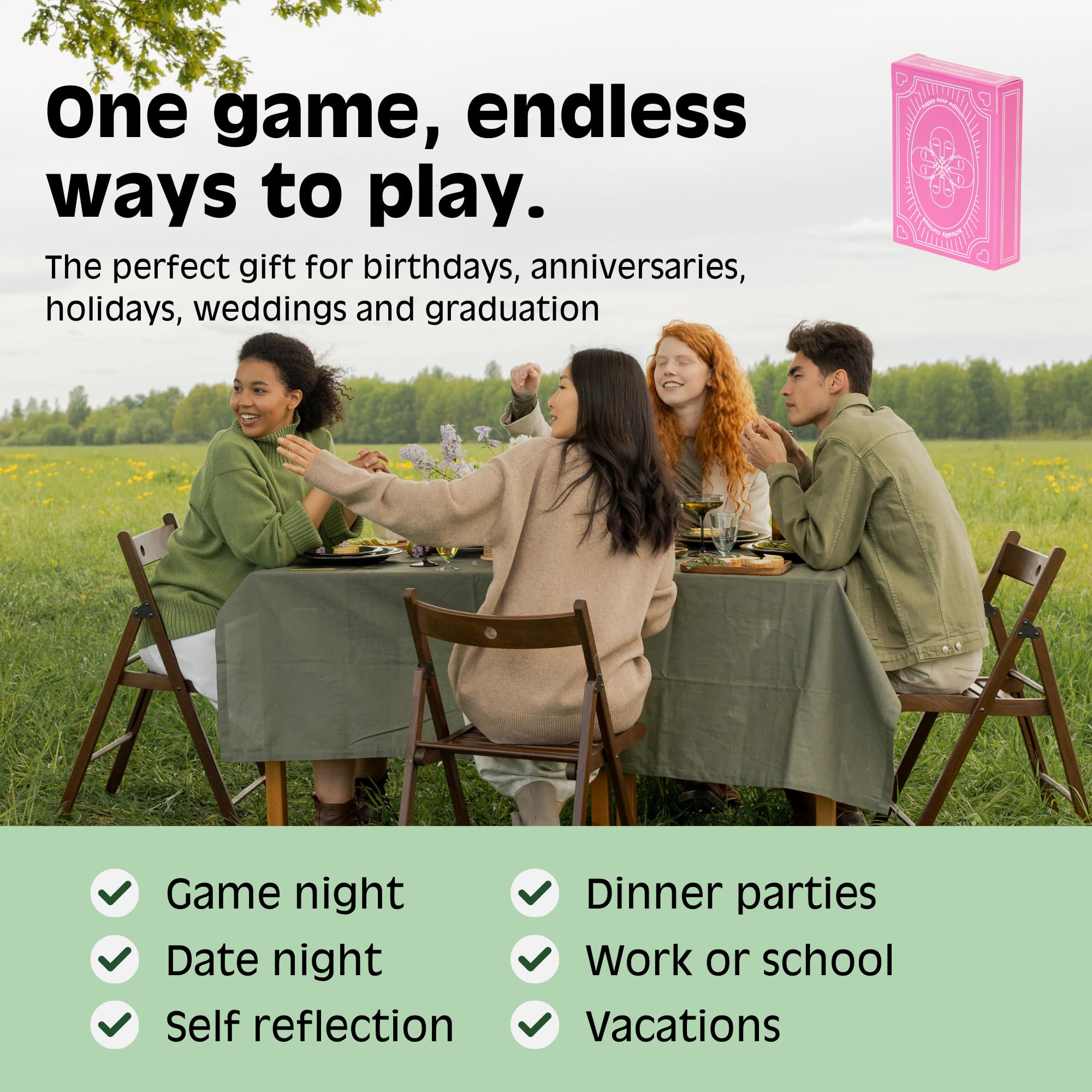 Actually Curious Happy Hour Edition game-night table scene invites friends to share stories