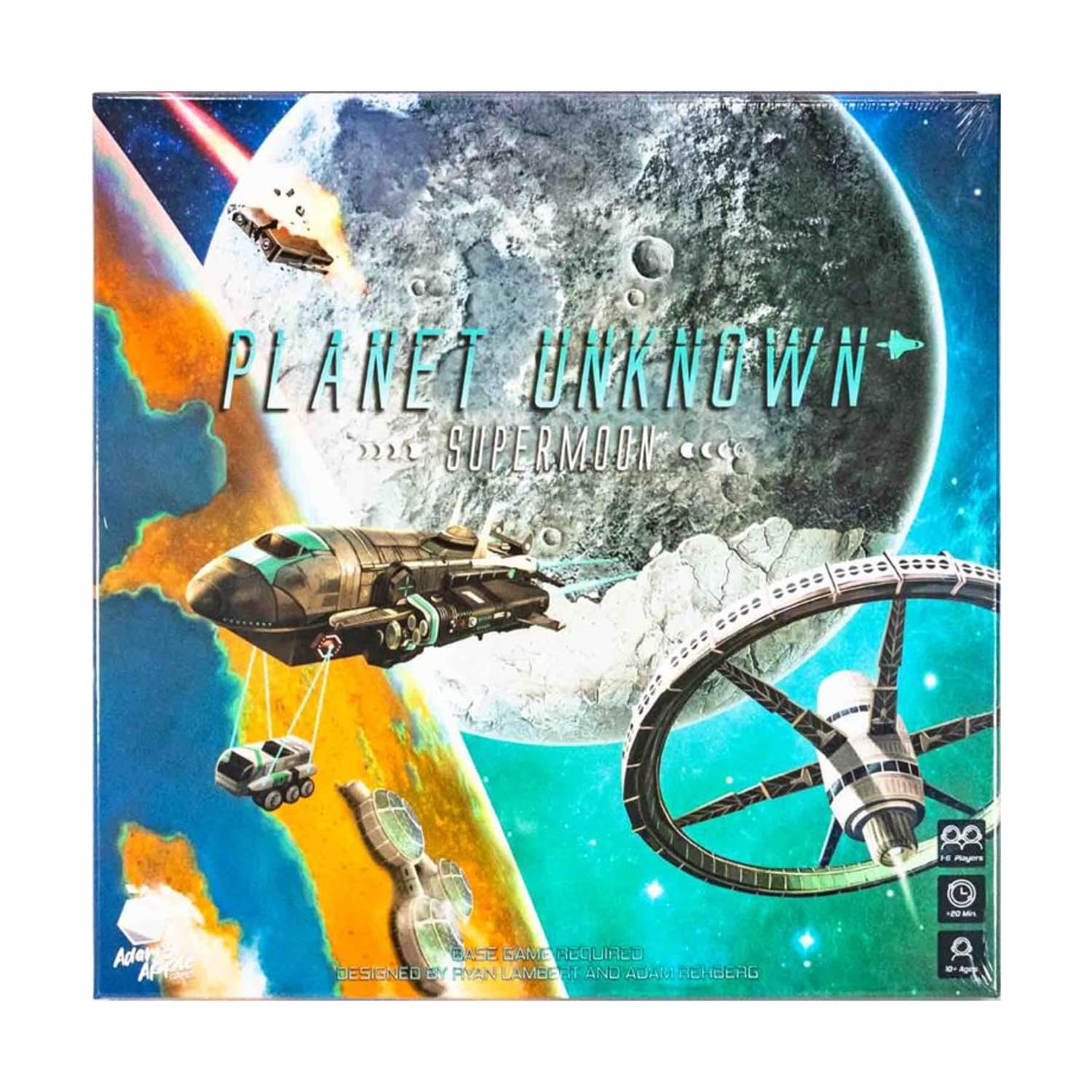 Adam's Apple Games Planet Unknown Supermoon Expansion front view highlights new modules for deeper strategy.