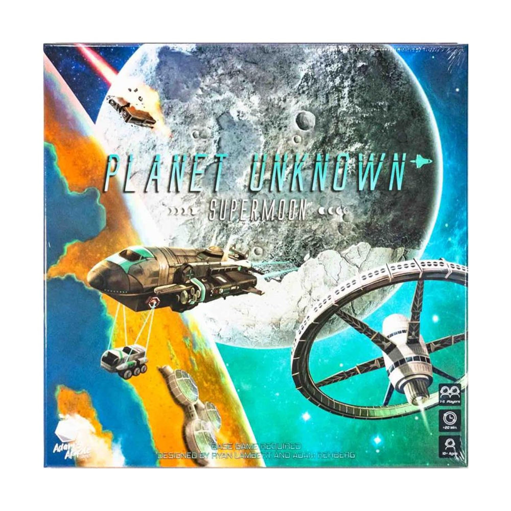 Adam's Apple Games Planet Unknown Supermoon Expansion front view highlights new modules for deeper strategy.