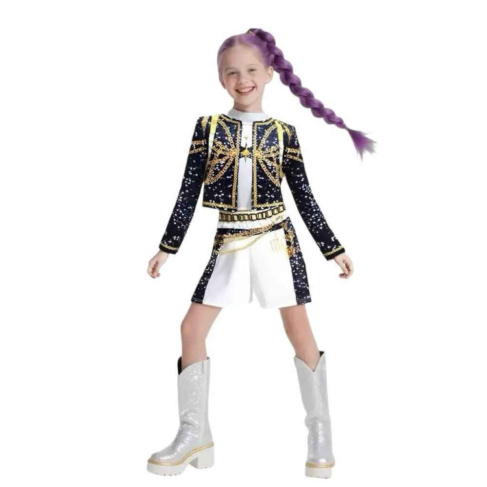 ADCHUNTUCOS girls costume top front view with bold black-yellow contrast for dramatic cosplay.