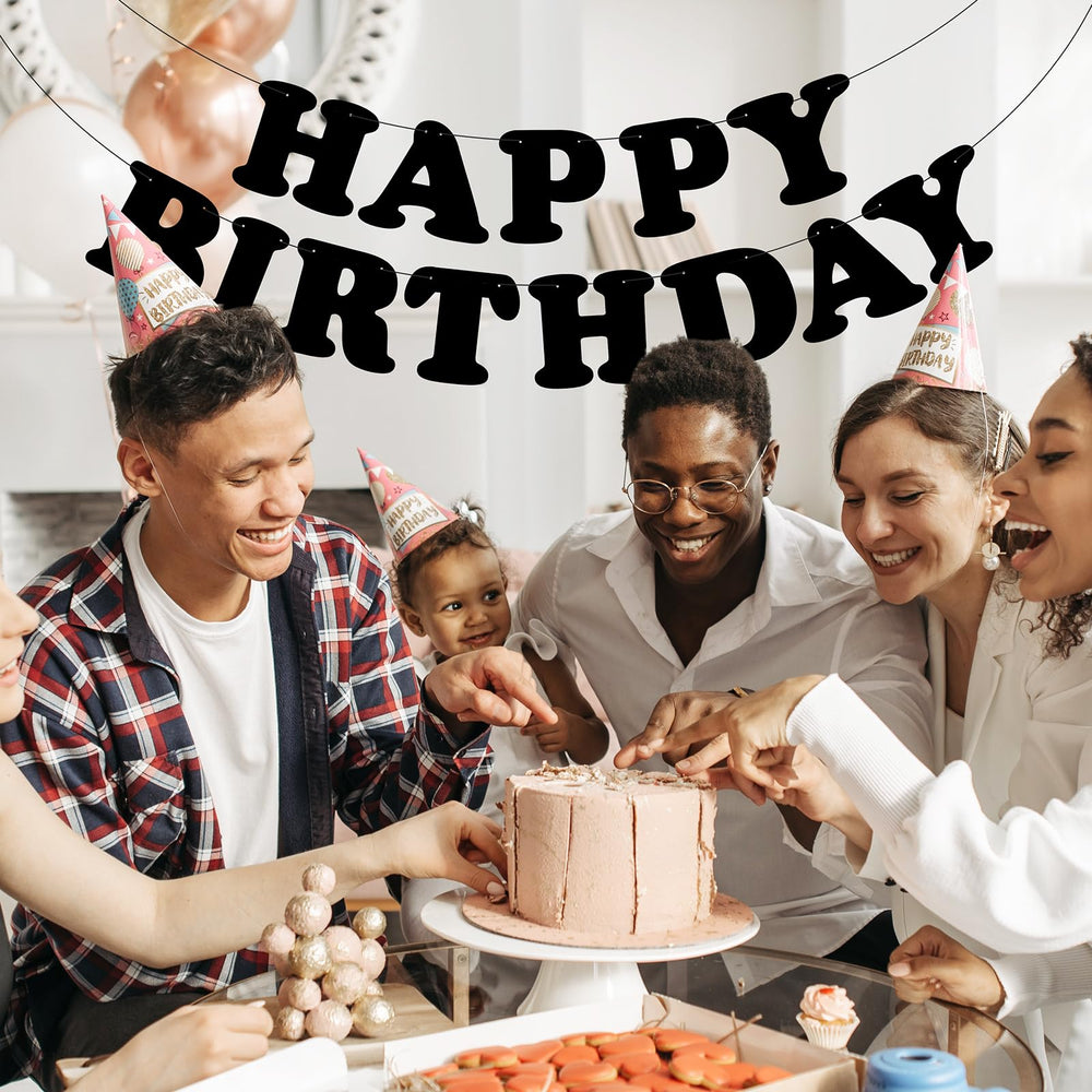 Adecortalk Black Birthday Banner suits indoors or outdoors use.
