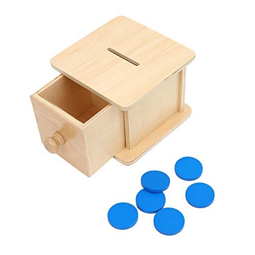 Adena Montessori coin box drawer with coins promotes hand-eye coordination and object awareness.