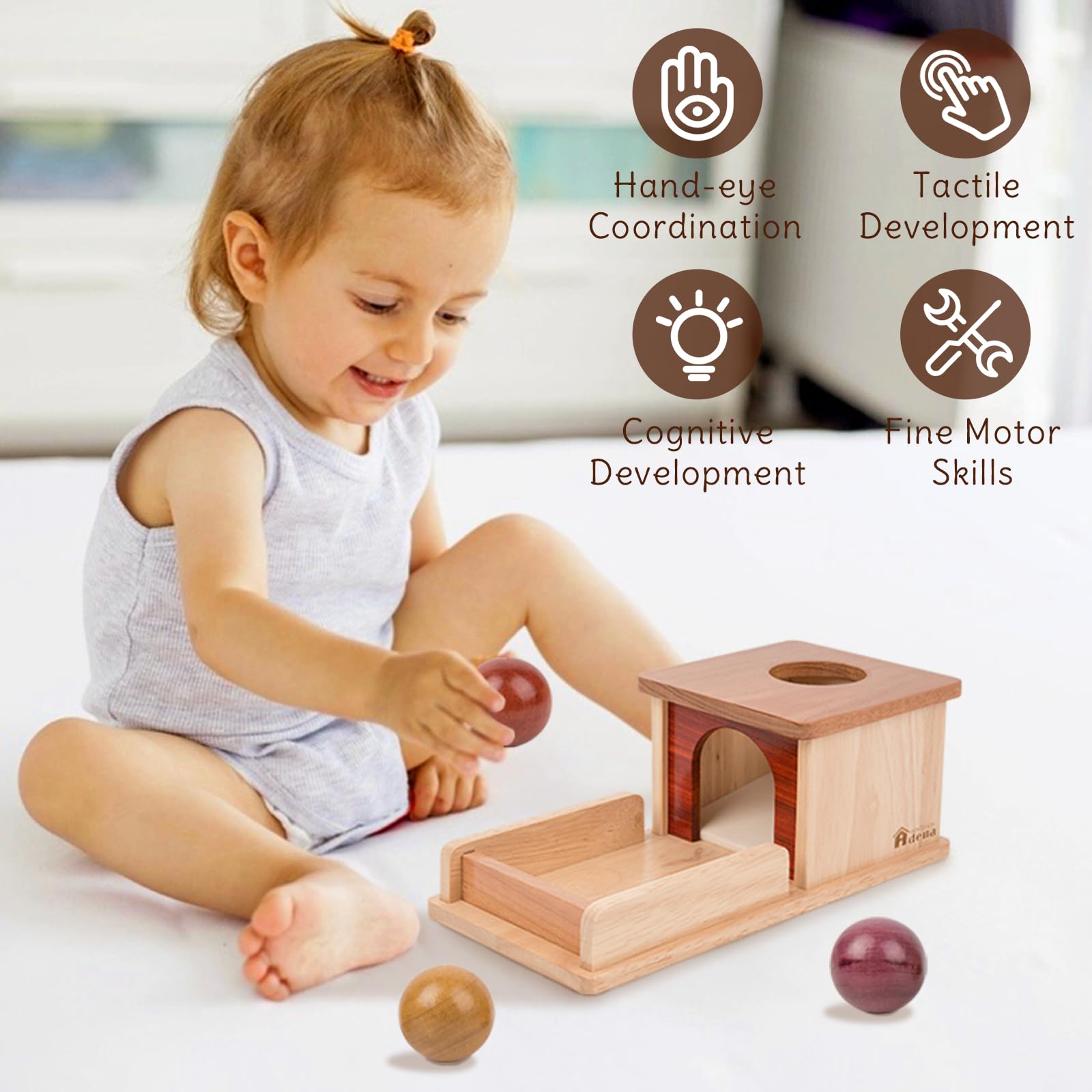 Three distinct wood tones promote visual discrimination in a soothing Montessori setup.