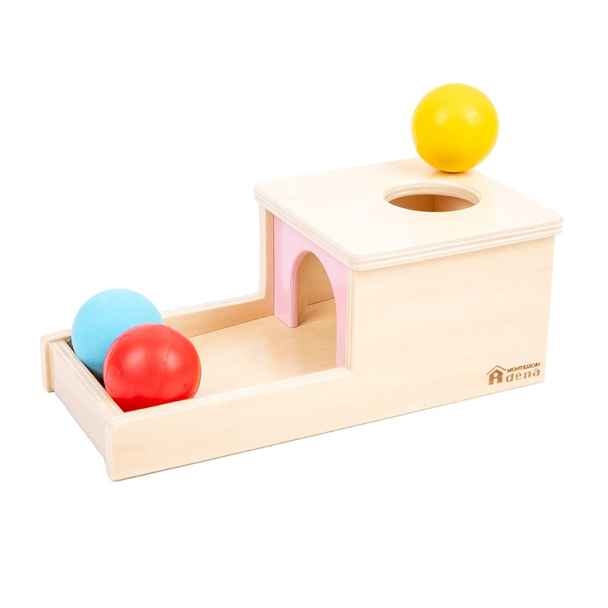 Adena Montessori object permanence box with pink door and tray for early cognitive play