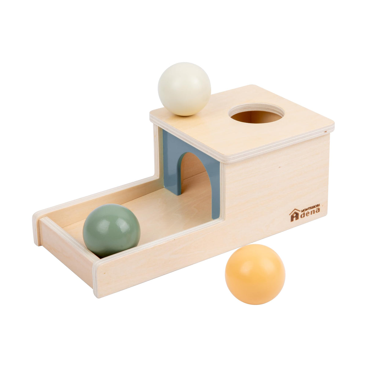 Adena Montessori object permanence box with tray for early exploration.