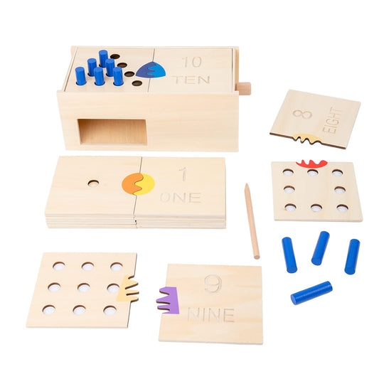 Adena Montessori peg drop box front view shows sturdy wood for hands-on counting.