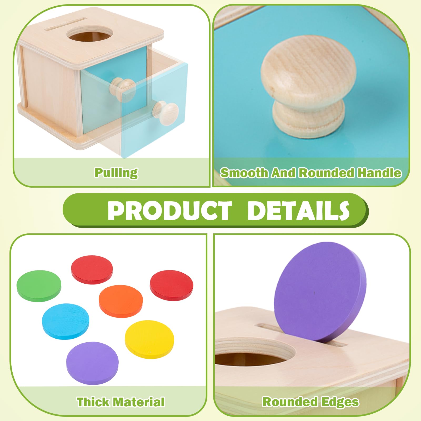 Small drawer storage integrated into Adena Montessori coin box for organized play.