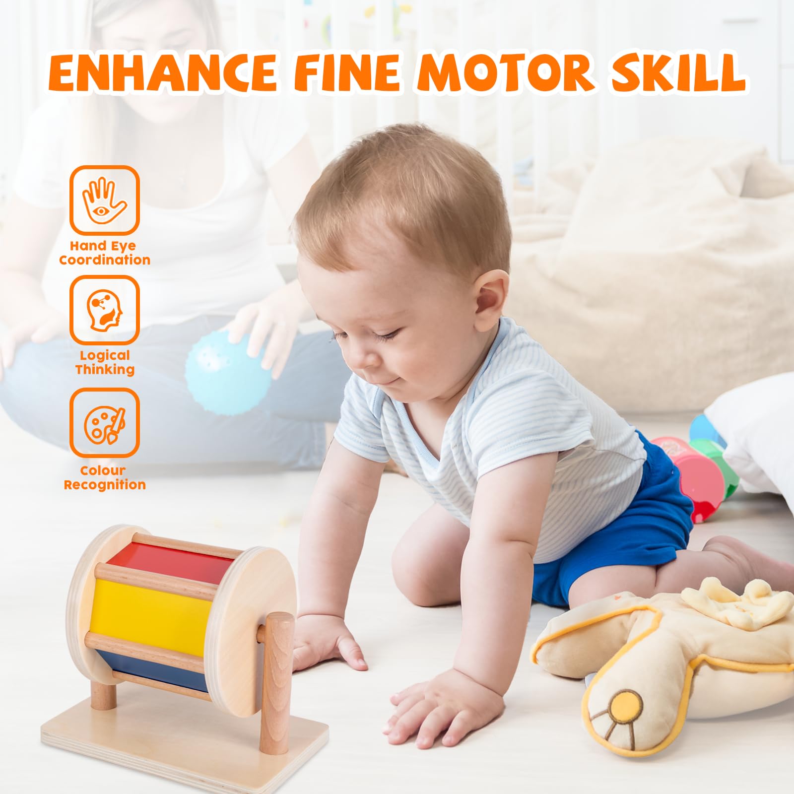 Adena Montessori Spinning Rainbow Drum invites tummy time and cause-and-effect discovery
