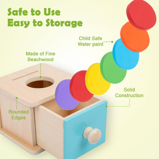 Wooden discs in bright colors from Adena Montessori encourage fine motor play.
