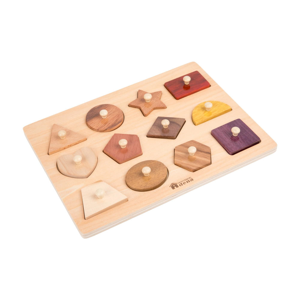 Adena Montessori wooden puzzle shapes set enhances shape recognition and fine motor skills.
