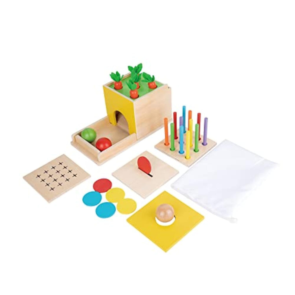 Adena Montessori 5-in-1 object permanence box in natural wood supports early tracking and problem solving.