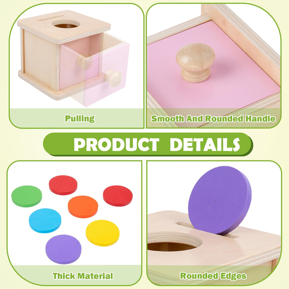 Adena Montessori Coin Box includes a wooden ball and small drawer for sensory play