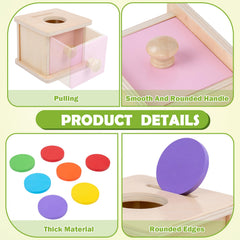 Adena Montessori Coin Box includes a wooden ball and small drawer for sensory play