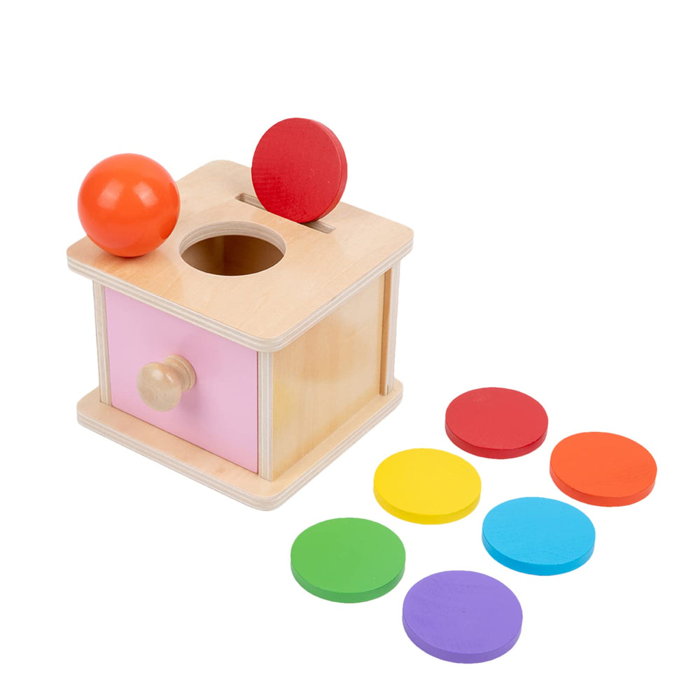 Adena Montessori Coin Box with pink door enables infant fine motor play and exploration